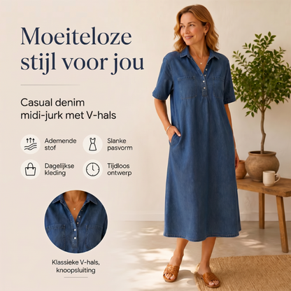 ✨TOP TREND🌈💙 Tencel Denim Midi Jurk, Koele Zijdezachte Stof, Verbergt Lichaamsoneffenheden