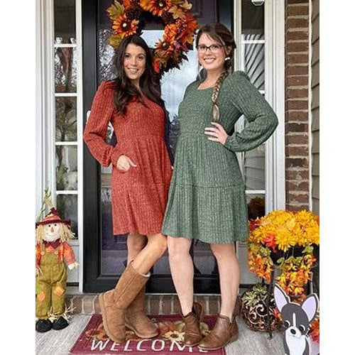 🍂Herfst 2025 Nieuwe Stijl 49% OFF⏰Women's Square Neck Lantern Sleeve Ribbed Dress