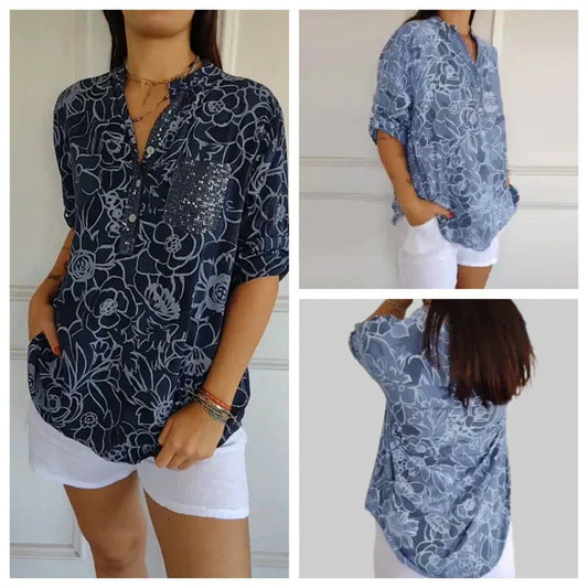 🥳HETE UITVERKOOP 2026🥳💞Meer dan 50.000 verkocht!👵🌸 50% korting! Blouse met V-hals en knoopsluiting en print🕊️✨