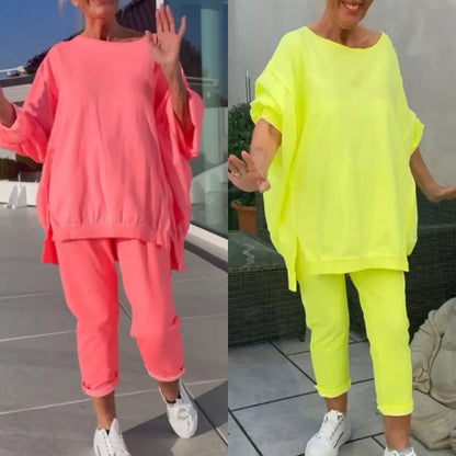 ⏳Beperkte tijd 49% korting💥Ronde hals Split Fluorescerende kleur Casual pak voor vrouwen