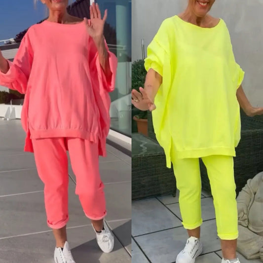⏳Beperkte tijd 49% korting💥Ronde hals Split Fluorescerende kleur Casual pak voor vrouwen