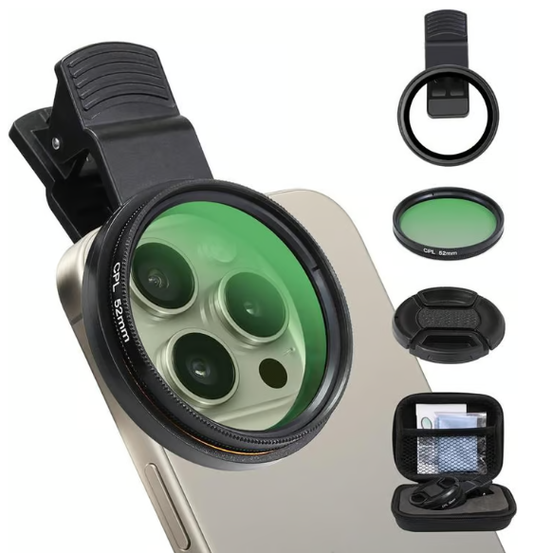 52 mm clip-on CPL telefooncamerafilterset, circulair polarisatiefilter, compatibel met de meeste mobiele telefoons