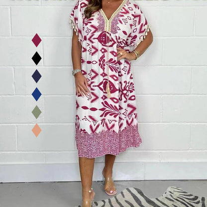 🌟Hot sale-49% korting🌟Gedrukte Casual Jurk met V-Hals en Franjes aan de Korte Mouwen