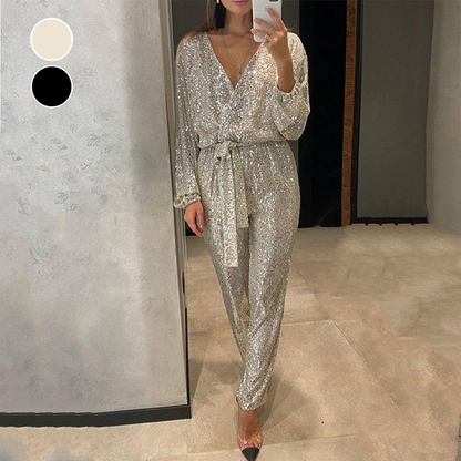 🔥Black Friday Mega Sale🔥Glinsterende V-hals jumpsuits met riem voor dames