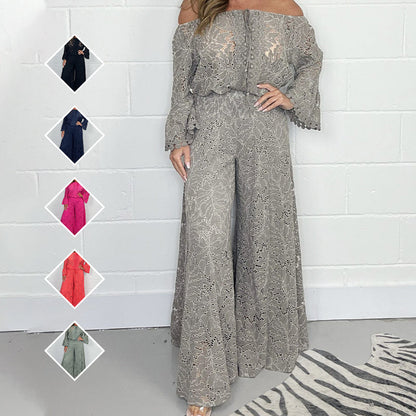 ⏰ Tijdelijke aanbieding 🎉Tweedelige damesset: kanten top + broek met wijde pijpen