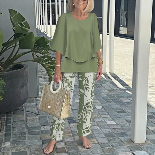 Set damesbroek met print en top met ronde hals