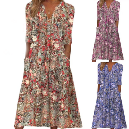 Casual damesjurk met bloemenprint, V-hals en losse pasvorm