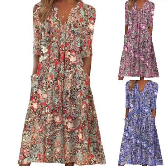 Casual damesjurk met bloemenprint, V-hals en losse pasvorm