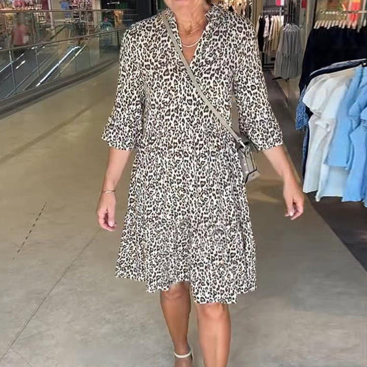 👗Dames Trendy Luipaardprint Jurk met V-hals en Losse Pasvorm