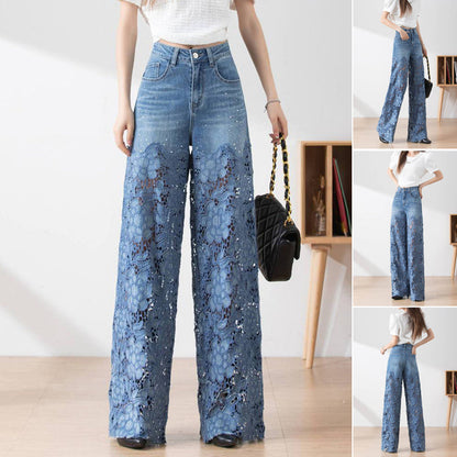 🔥 49% uitverkoop zomer Damespantalon met hoge taille en blauwe denim broek met brede pijpen en uitgesneden kanten panelen