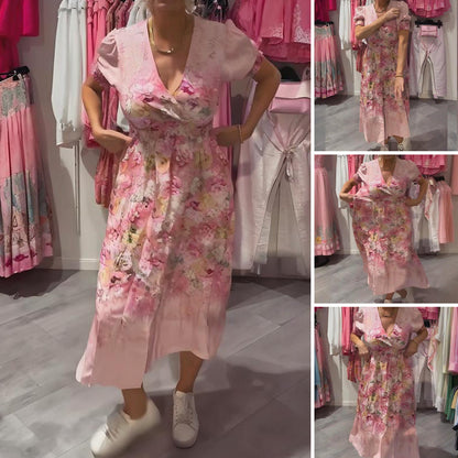 Women's Elegant Floral Print V-Neck Long Dress