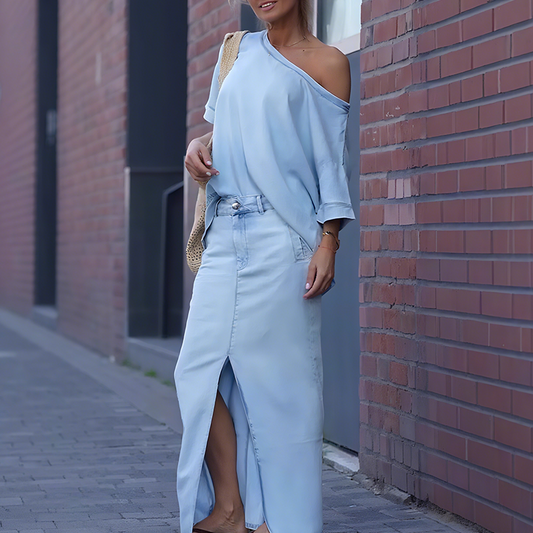 ⏰Tijdelijke korting - 49% Korting🔥Dames diagonale schoudertop met gesplitste denim lange rok