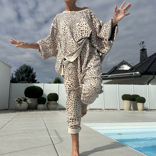 Dames set van 2-delige top en broek met luipaardprint
