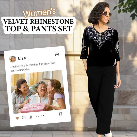 Dames fluwelen top- en broekenset met strassteentjes