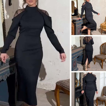 Elegante midi-jurk met hoge kraag en kanten rug voor dames