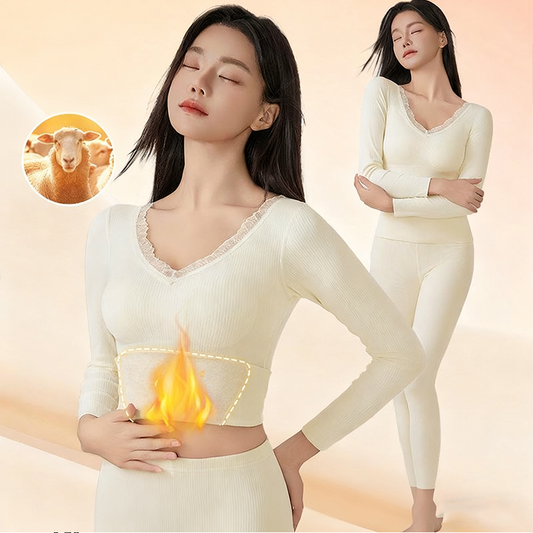 Thermische ondergoedset met V-hals en kant voor dames