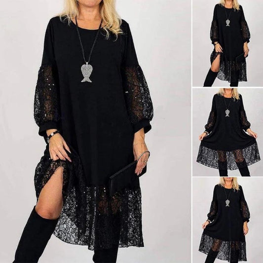 ✨ Elegante Jurk met Kanten Panelen aan Mouwen en Zoom – Subtiel, Vrouwelijk & Perfect voor Elke Dag