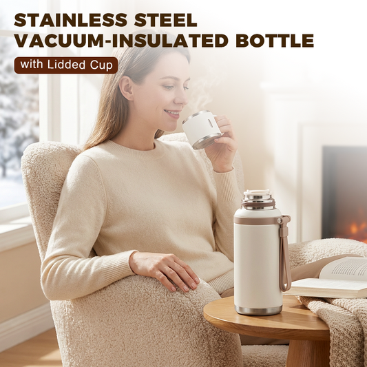 ☕ Dubbelwandige Thermosfles met Drinkbeker – Vacuümgeïsoleerd en Draagbaar