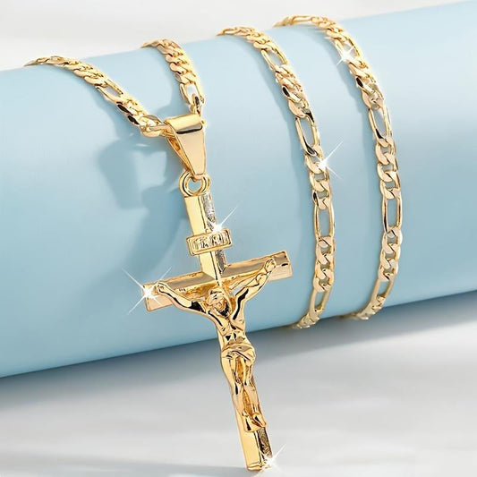 🔥 50% KORTING! ⏰ Goudkleurige Kruisbeeld Hanger Ketting – Gedetailleerd INRI Ontwerp, Verstelbare Figaro Ketting & Dagelijkse Geloof Sieraden ✝️✨