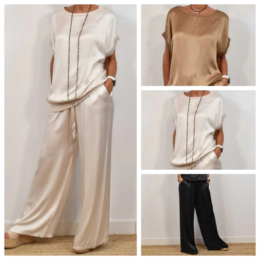 🎉Tijdelijke aanbieding🎉Dames satijnen top met korte mouwen en broek, 2-delige set