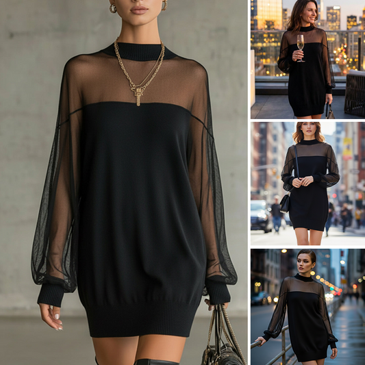 Doorzichtige Mesh Mock Neck Minijurk