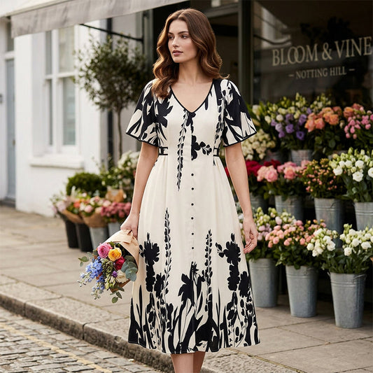 👗 50% KORTING NU! 🌿 Zachte Botanische Print V-Hals Midi Jurk – Elegant, Lichtgewicht & Veelzijdig voor Elke Gelegenheid 🌸