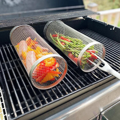 🍖 50% KORTING! 360° Roterende BBQ Grillkorf – Voor Groenten, Aardappeltjes, Garnalen & Meer | RVS, Stevig & Handig voor Elke BBQ 🔥