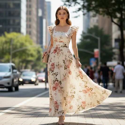 🌸2026 Nieuw Binnen👗Elegante Bloemenprint Geplooide Maxi-jurk✨Romantische Vierkante Hals, Ruche Mouwen & Vloeiende Bloemrok🌷