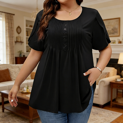 👚✨ Dames Geplooide Voorkant Pofmouw T-shirt – Elegant, Losse Pasvorm, Veelzijdig 🌸💨