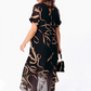 ⏳Tijdelijke aanbieding✨👗 Vloeiende V-Hals Midi Jurk | Dubbellaags Design | Lintpatroon | Zwart💃