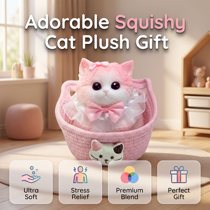 🐱🎀 Zachte Kattenknuffel met Slow-Rebound Effect – Schattige Pluche Kat met Roze Strik & Kanten Kraag