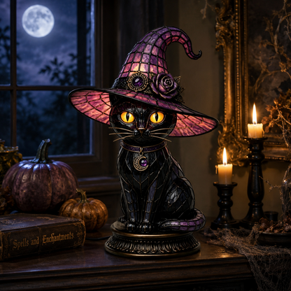 💥 Met 50% KORTING! 🐈‍⬛ Gotische Halloween Heksenkat Tafellamp – Glas-in-Lood Look, Warme Sfeerverlichting & Vintage Stijl 🎃