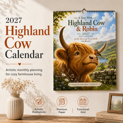 🐮 Kalender 2027 met Schotse hooglandkoeien – Speelse kunst en alledaagse warmte 🐦