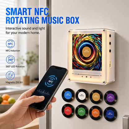 🎵 Magnetische NFC Muziekbox – 9 Muziekschijven, Draaiend Vinyl & Warm Sfeerlicht