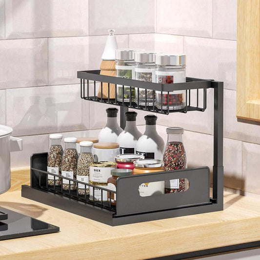 🏡 2-laags Uitschuifbare Organizer – Ruimtebesparend Opbergrek voor Onder de Gootsteen