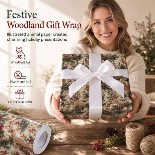 🎄🎁 Kerst Inpakpapier met Bosmotief – 5 Meter Cadeaupapier met Handgetekende Illustraties & Luxe Afwerking