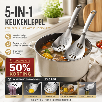 🍲🥄 5-in-1 keukenlepel | Scheppen, zeven, scheiden, malen & openen | 304 RVS | 23,5 cm | Vaatwasmachinebestendig | 50% KORTING!